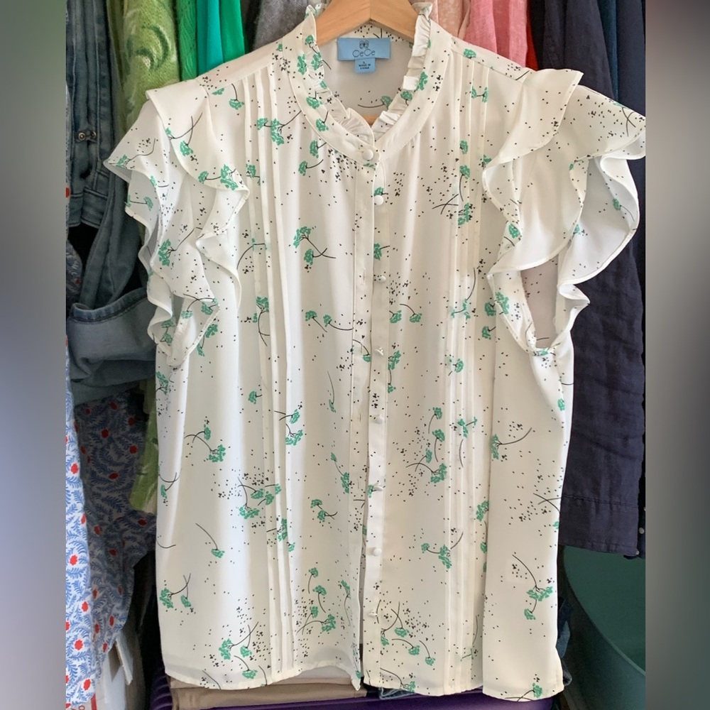 CeCe White and Green Floral Butterfly Sleeve Blouse